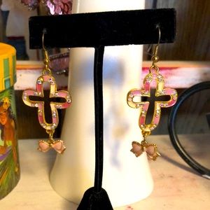 Pretty Pink Cross & Bow Earrings